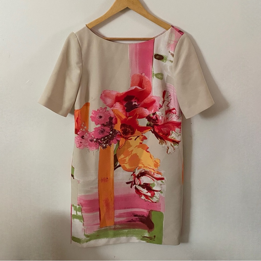 Gabby Skye Pink, Cream & Orange Abstract Floral Shift Sheath Dress with Pockets - Picture 5 of 14